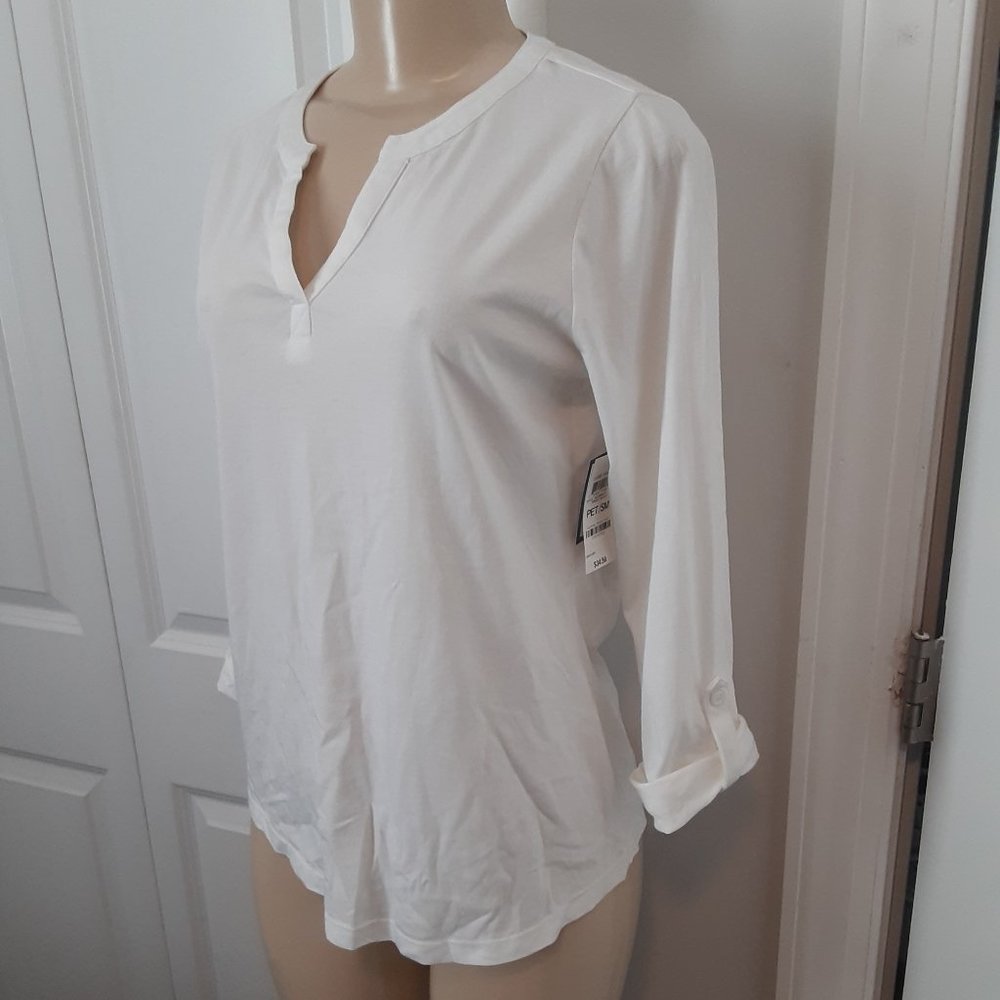 Charter Club Split Neck Bright White 100% Supima Cotton Top Roll Tab - Picture 5 of 10
